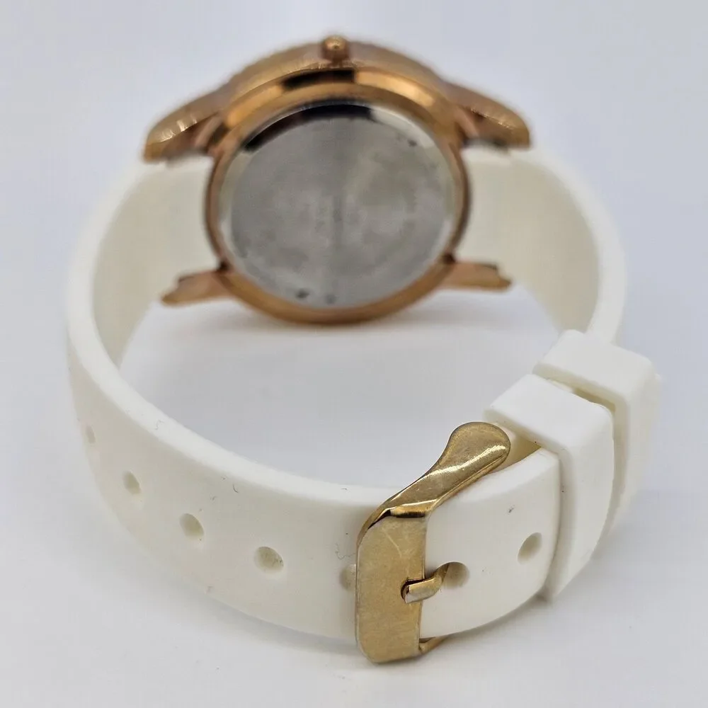 Women's Watch 39MM Gold Dial Case Crystal Bezel White Plastic Bands New‎ Battery
